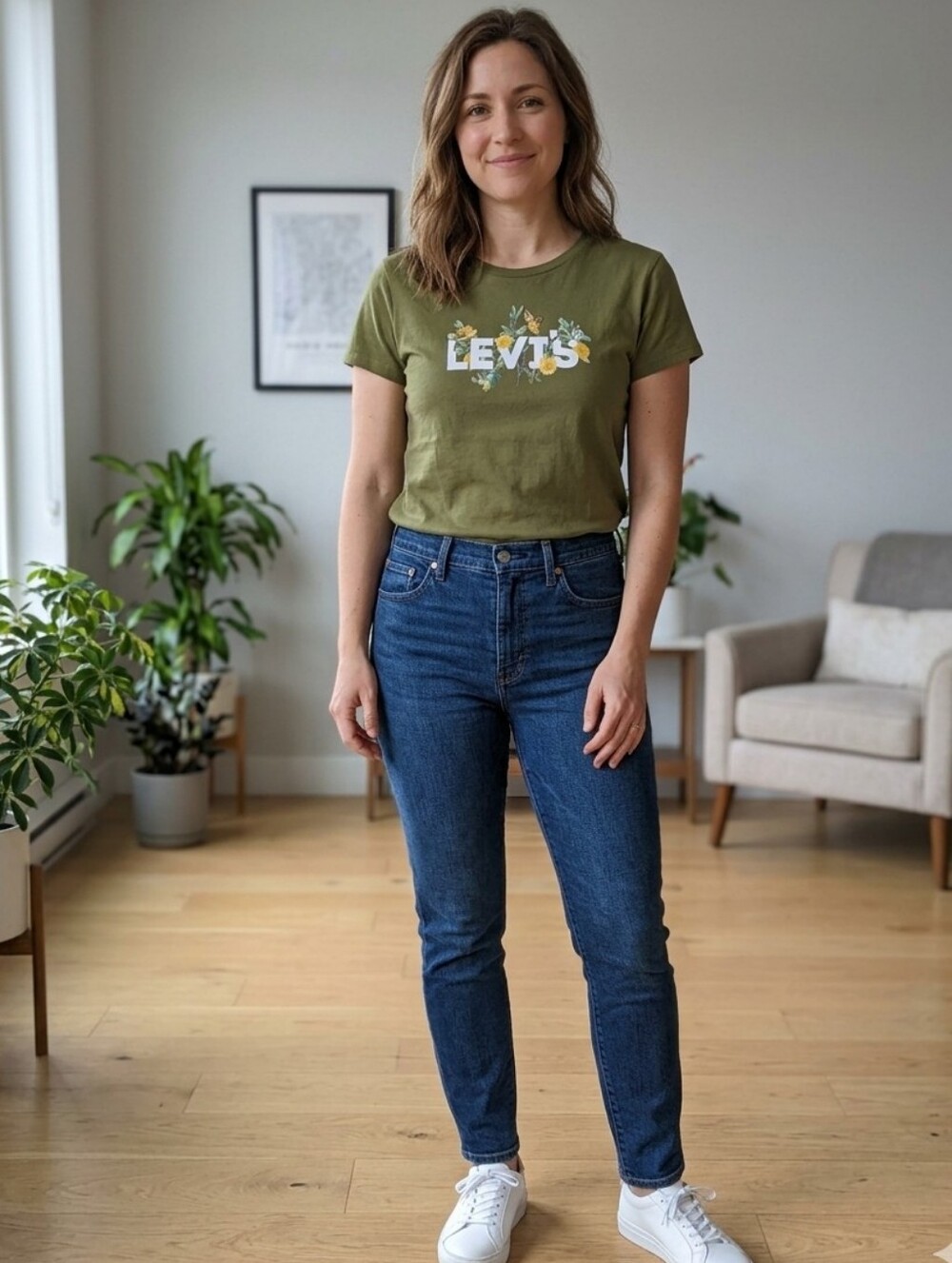 New Levi's Olive Green Floral Logo Tee with Dark Blue Women's Jeans M